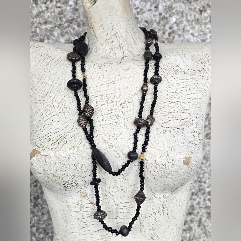 Long multi design wood/metal beads